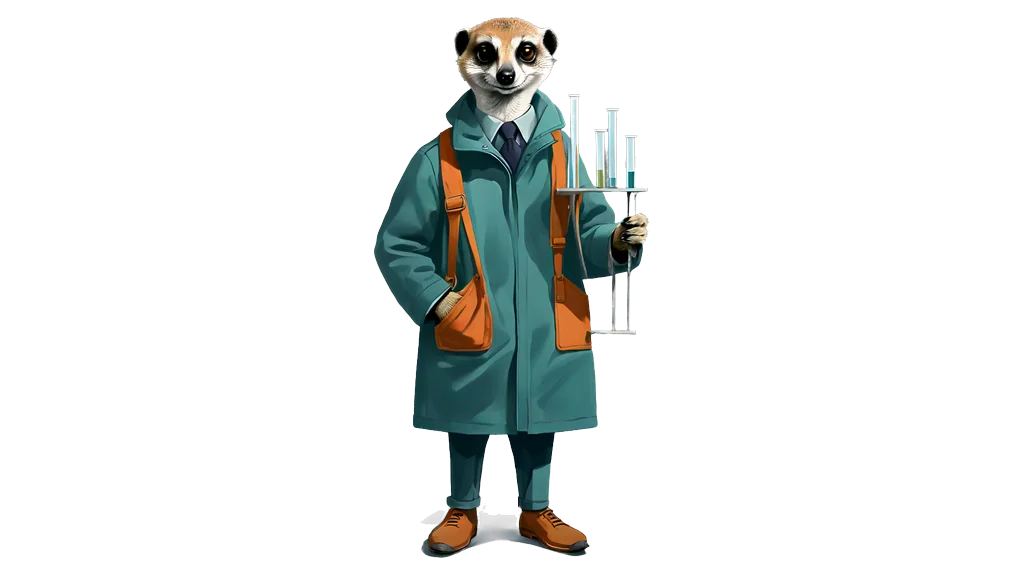 A drawing of the meerkat tallykeeper holding a rack of glass tubes of different heights