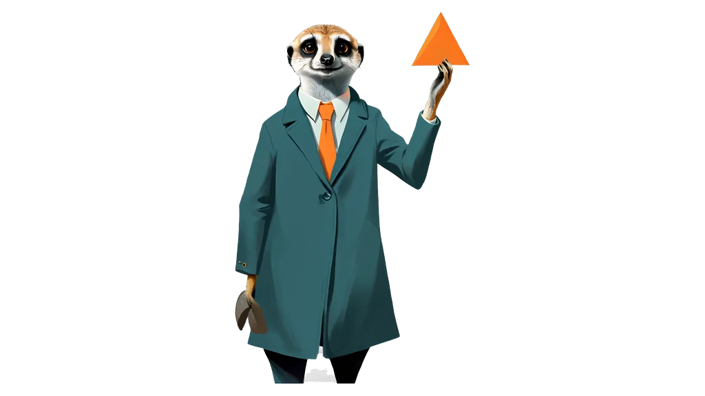 A drawing of the meerkat tallykeeper holding one large triangle up in a raised hand
