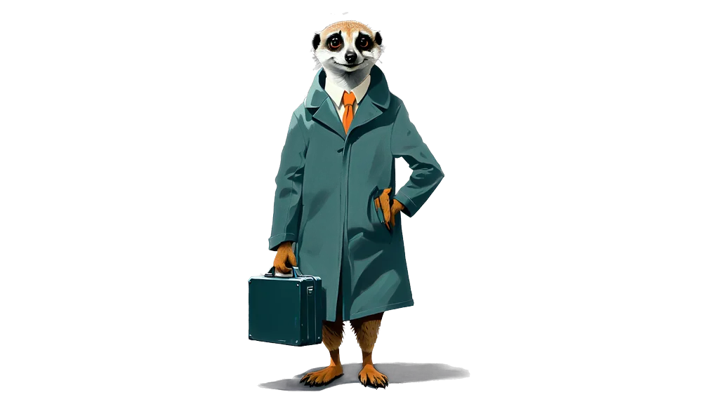 A drawing of the meerkat tallykeeper carrying one small closed strongbox in one hand