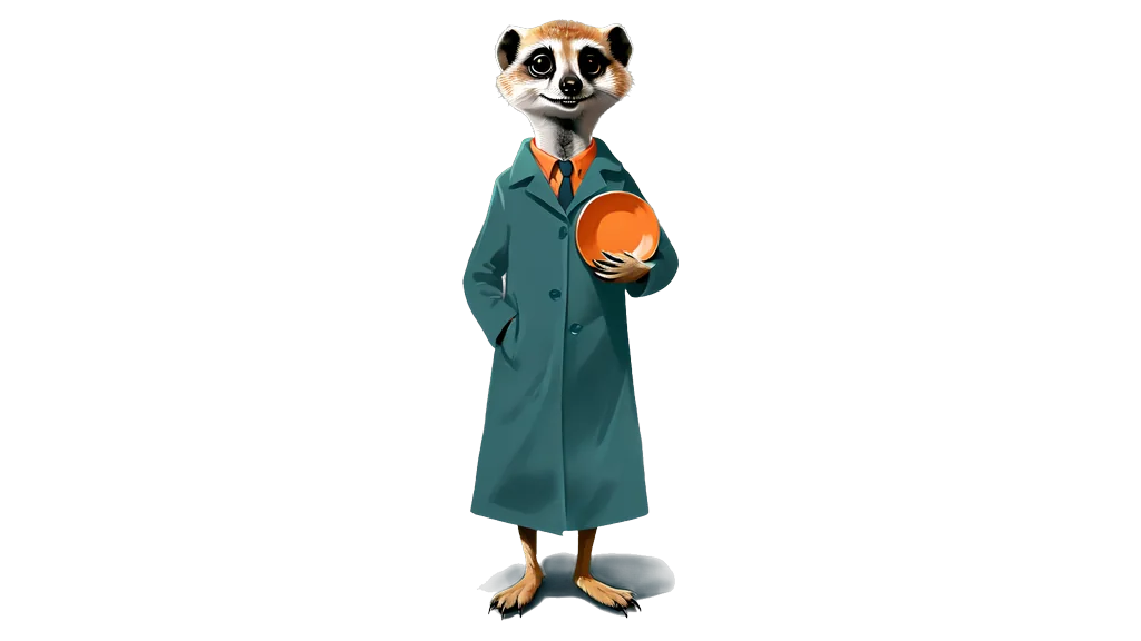 A drawing of the meerkat tallykeeper holding one smooth, unmarked disc turned towards the viewer