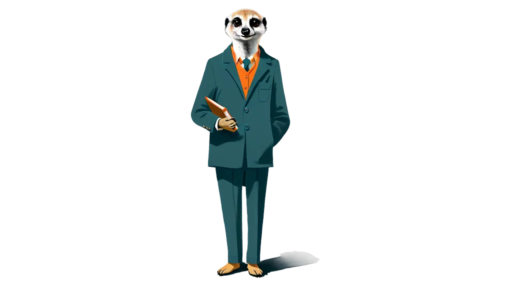 A drawing of the meerkat tallykeeper standing square to the viewer with a small closed notebook