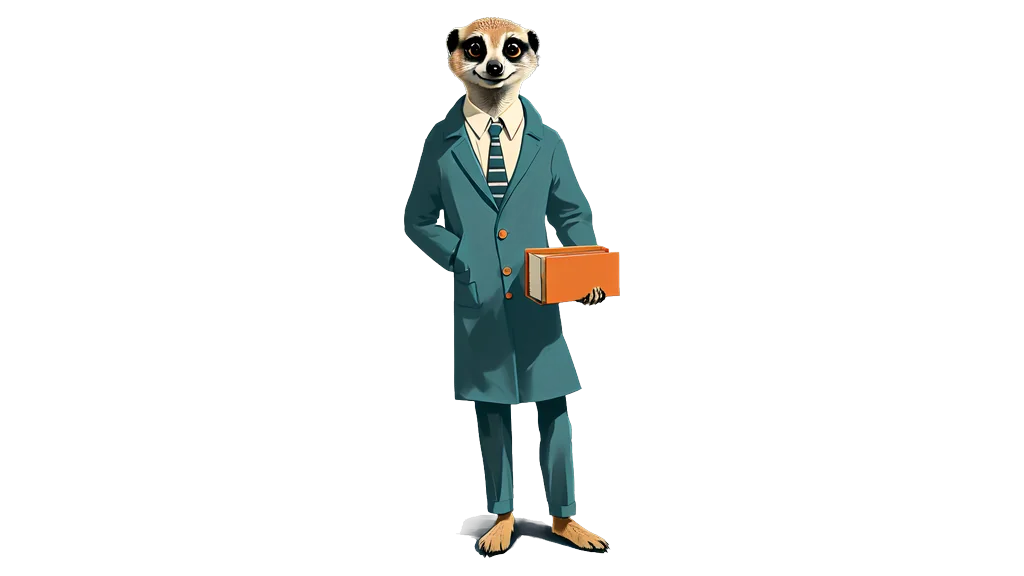 A drawing of the meerkat tallykeeper holding one small drawer at chest height