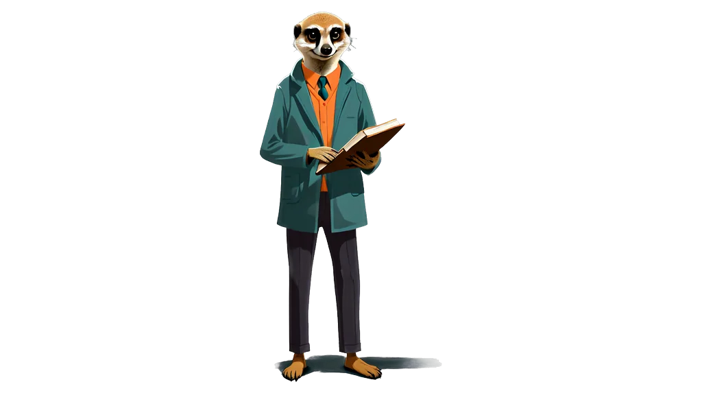 A drawing of the meerkat tallykeeper reading an open ruled ledger held in both hands