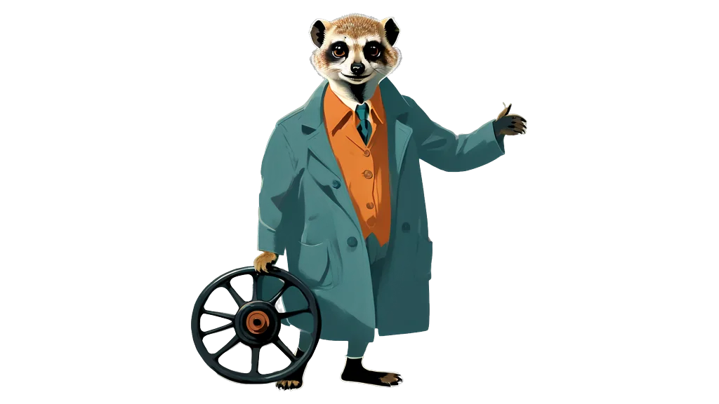 A drawing of the meerkat tallykeeper holding a large valve wheel down at its side
