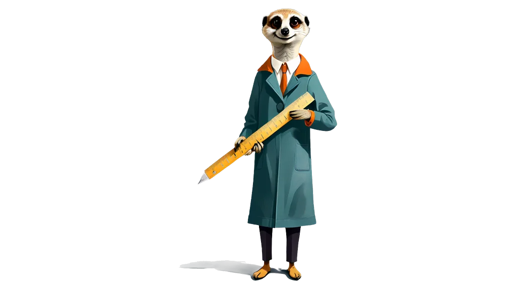 A drawing of the meerkat tallykeeper holding a long marked ruler diagonally across its chest in both hands