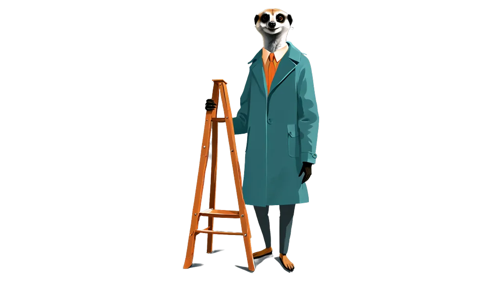 A drawing of the meerkat tallykeeper standing beside a tall stepladder with one hand on it