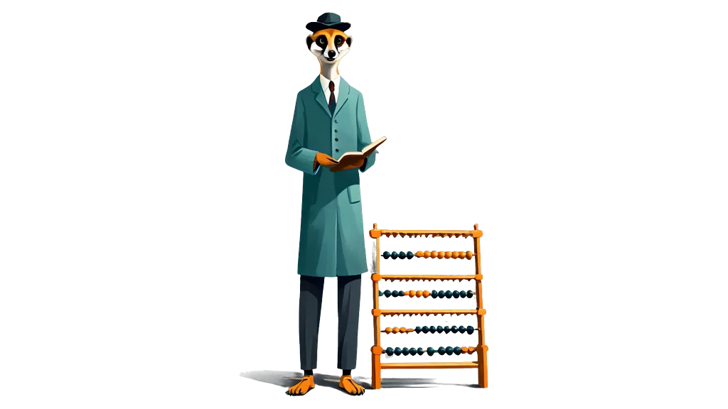 A drawing of the meerkat tallykeeper standing beside a large bead frame with an open book in one hand
