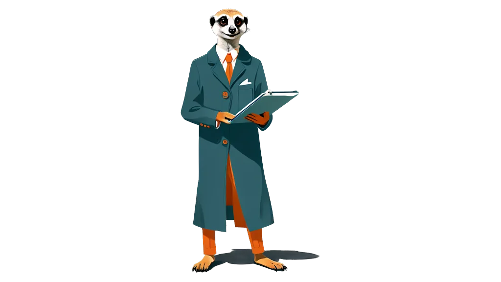 A drawing of the meerkat tallykeeper reading a clipboard held open in both hands