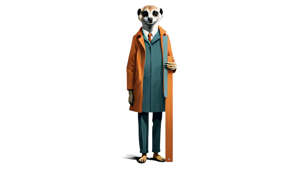 A drawing of the meerkat tallykeeper holding one long marked ruler upright at its side