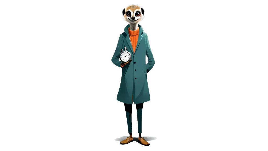 A drawing of the meerkat tallykeeper holding up a round dial on a chain